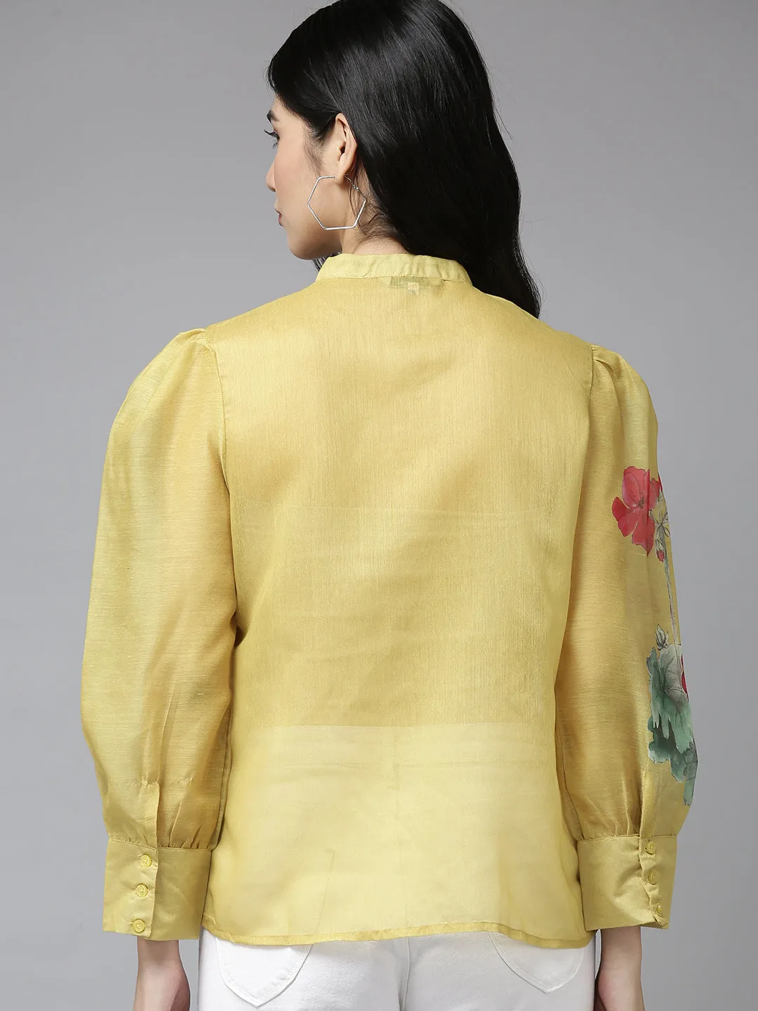 Mustard Yellow & Red Floral Print Shirt Style Top