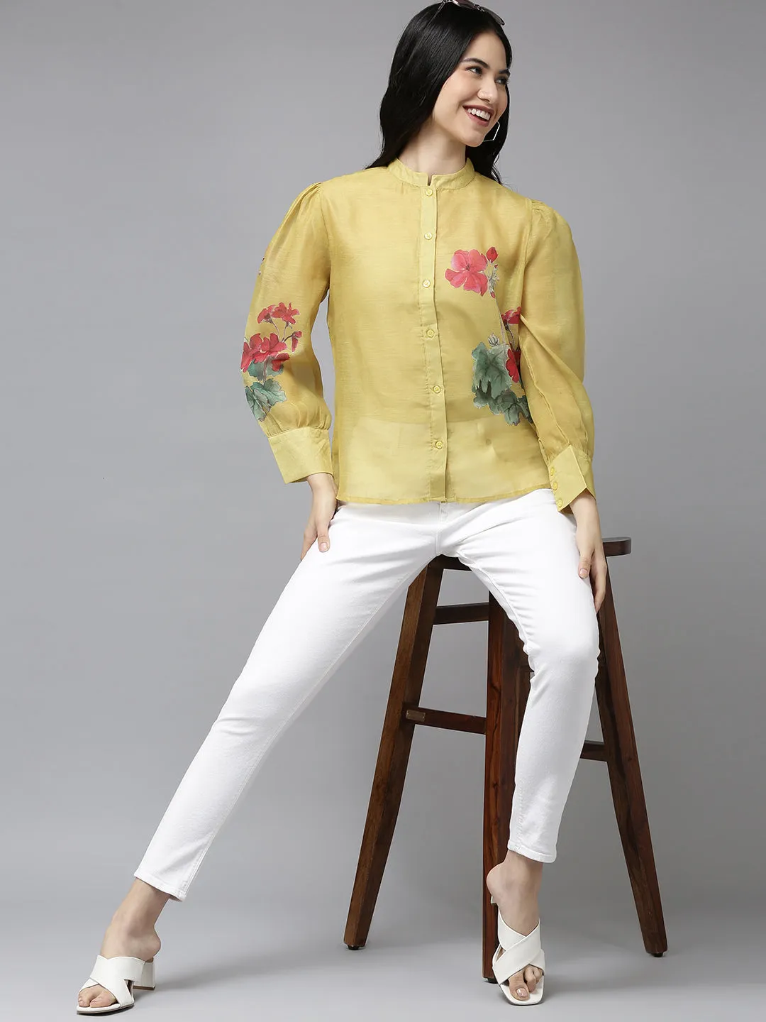Mustard Yellow & Red Floral Print Shirt Style Top