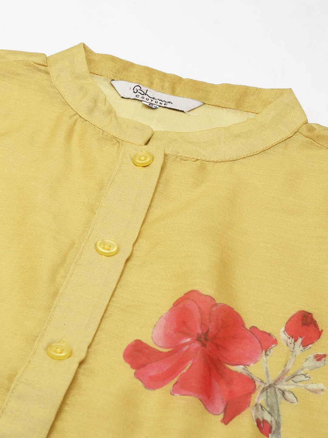 Mustard Yellow & Red Floral Print Shirt Style Top