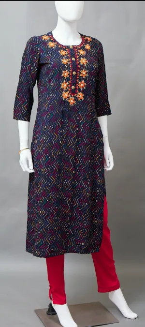 Navy Blue & Orange Straight Kurti