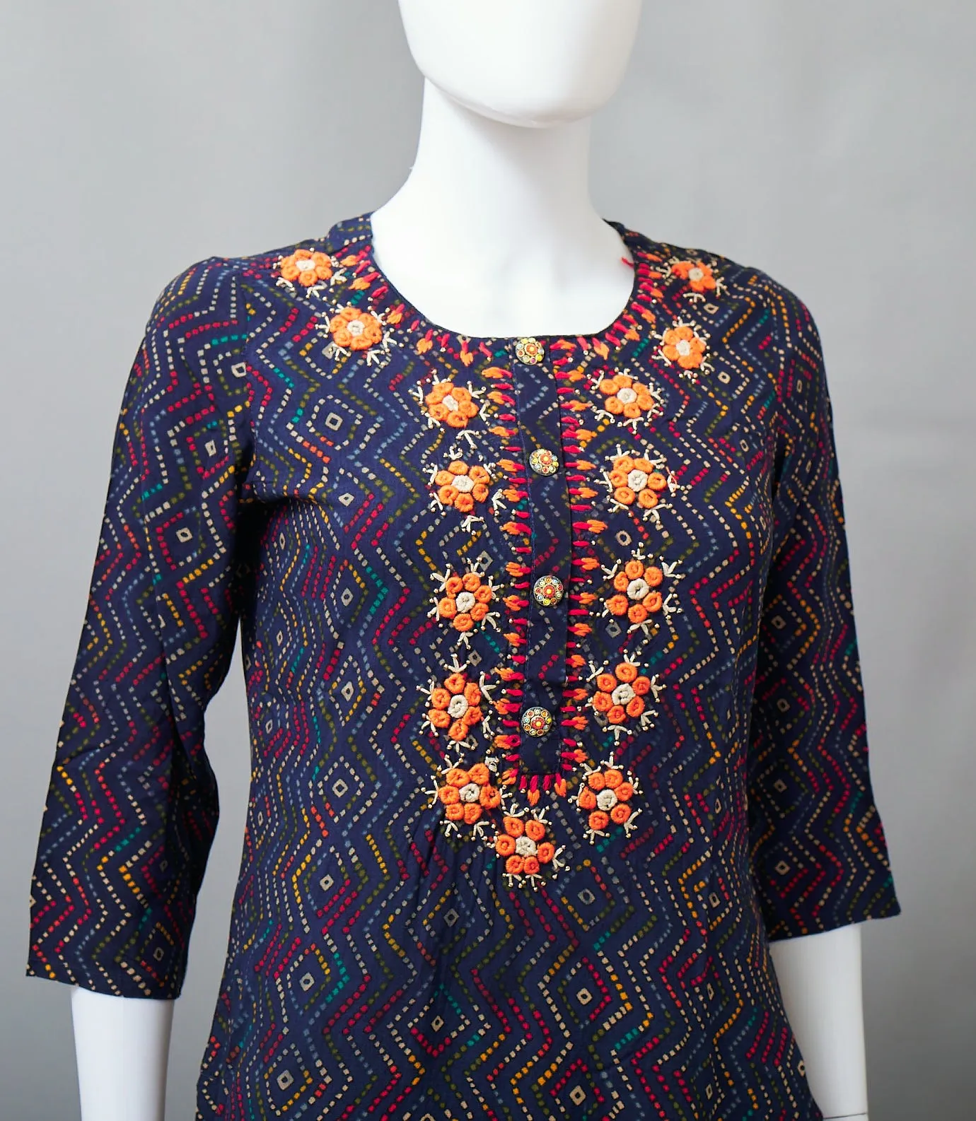Navy Blue & Orange Straight Kurti