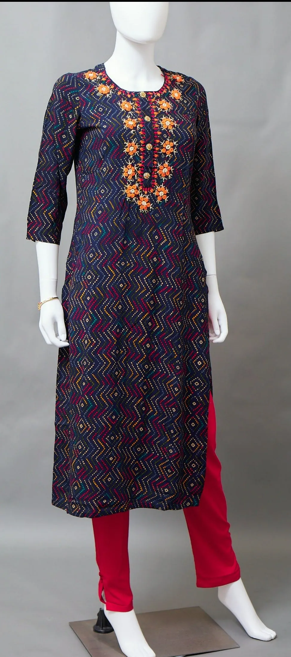 Navy Blue & Orange Straight Kurti