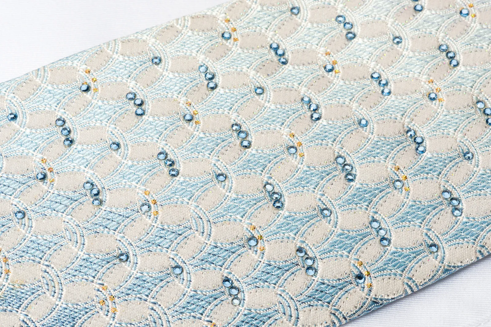 Nina Ricci Rhinestone Silk Necktie Blue Interlocking Circles On White With Gold Silver Sparkles