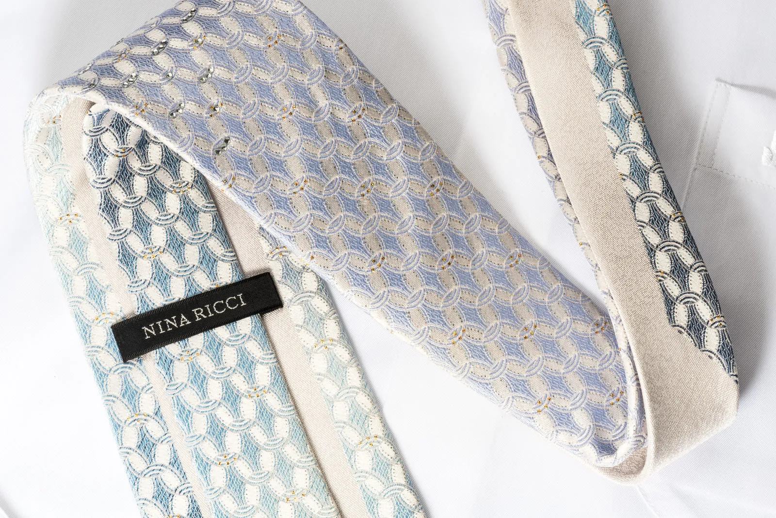 Nina Ricci Rhinestone Silk Necktie Blue Interlocking Circles On White With Gold Silver Sparkles