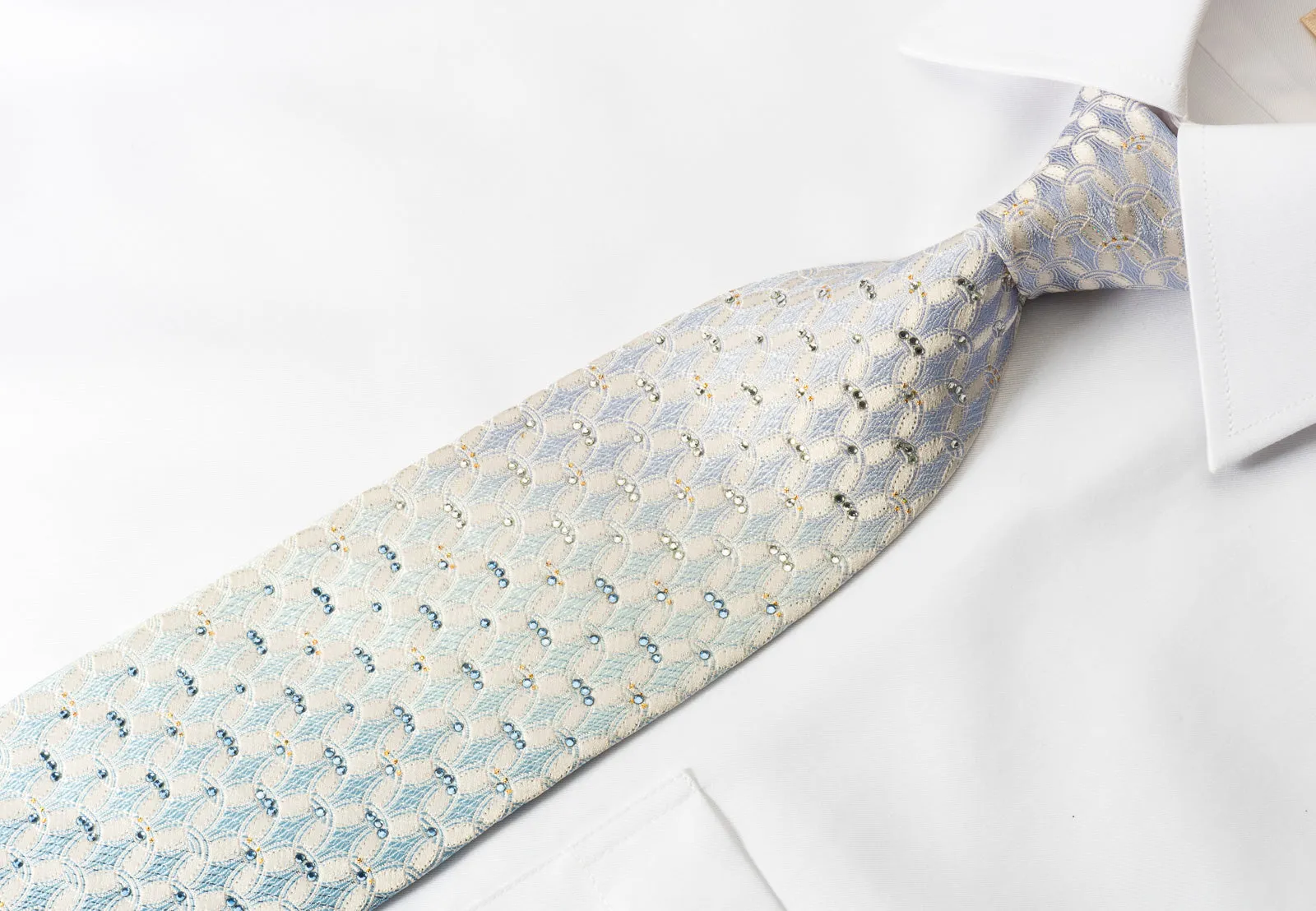 Nina Ricci Rhinestone Silk Necktie Blue Interlocking Circles On White With Gold Silver Sparkles