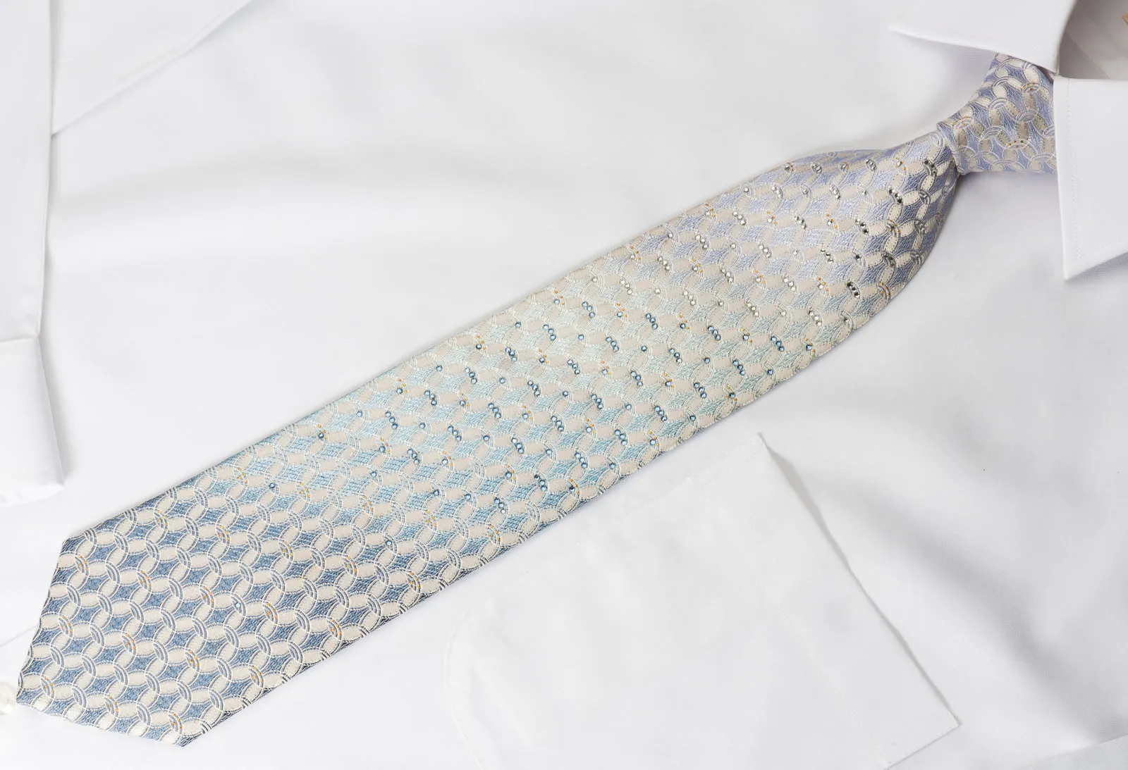 Nina Ricci Rhinestone Silk Necktie Blue Interlocking Circles On White With Gold Silver Sparkles