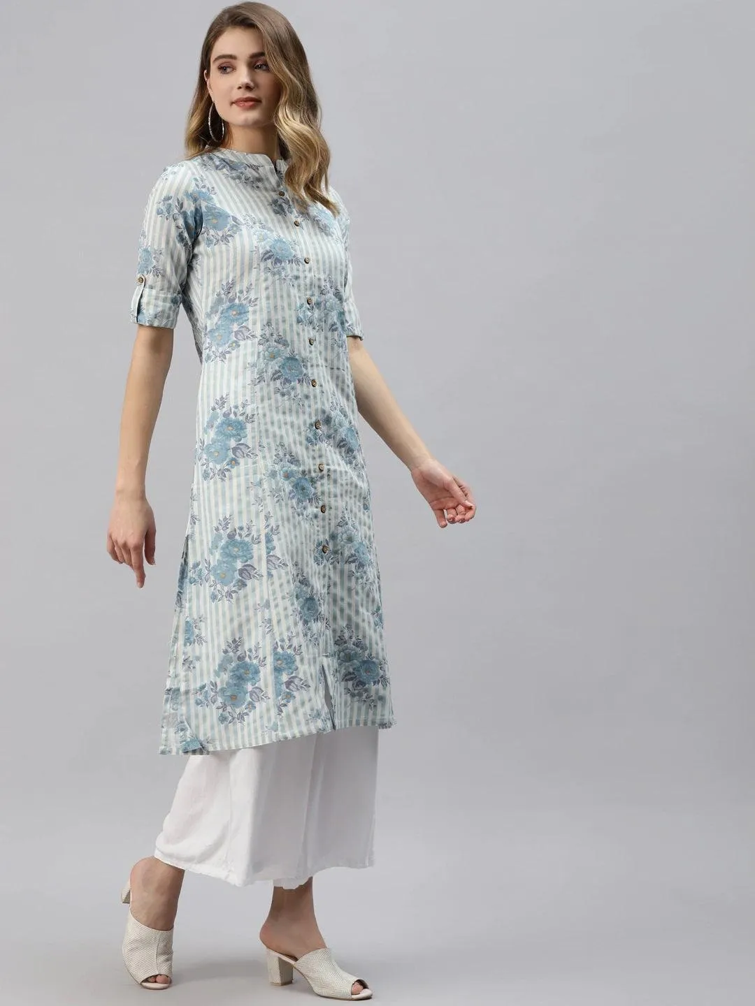 Off White And Blue Floral Printed Cotton A-Line Kurta
