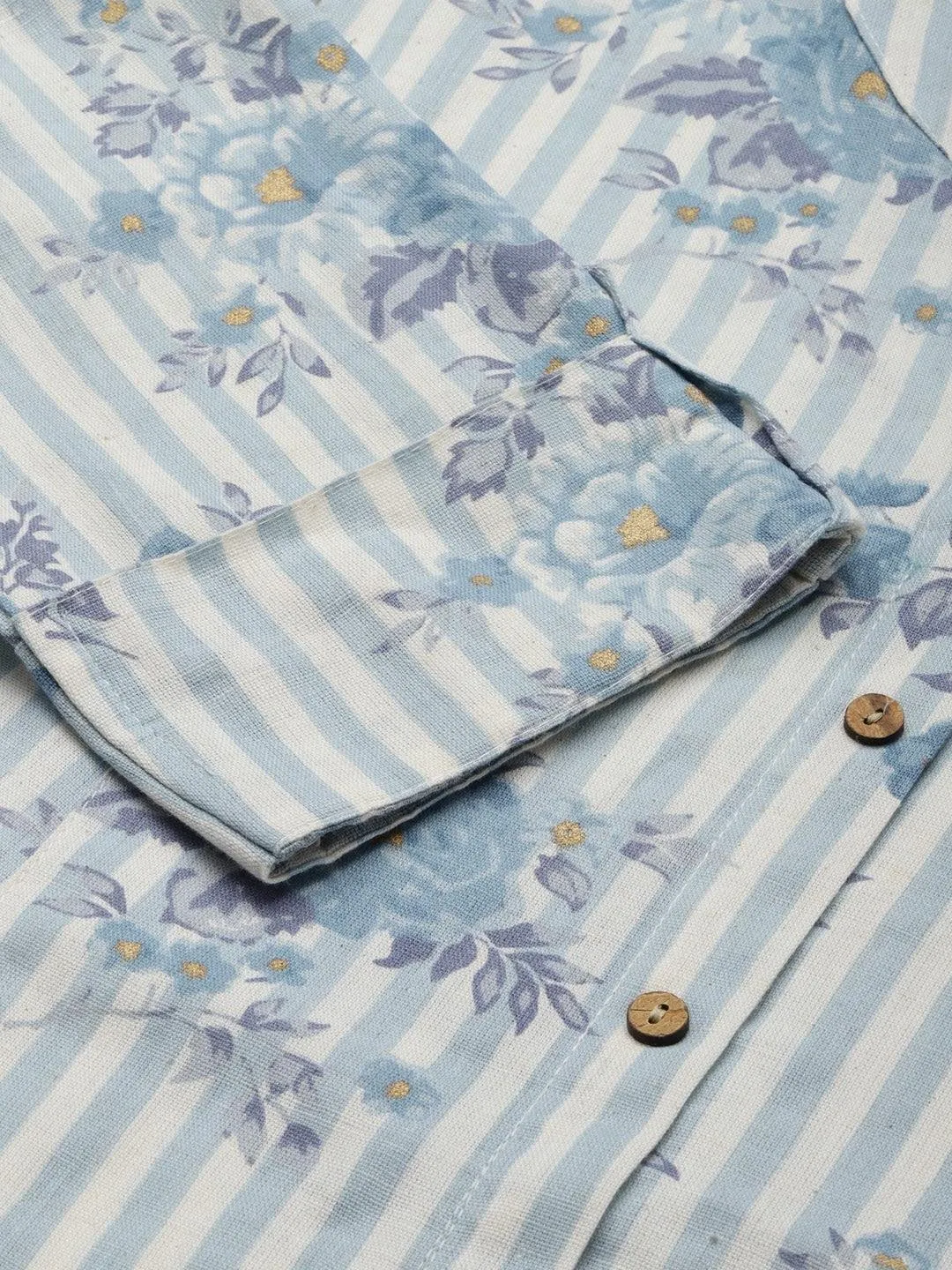 Off White And Blue Floral Printed Cotton A-Line Kurta