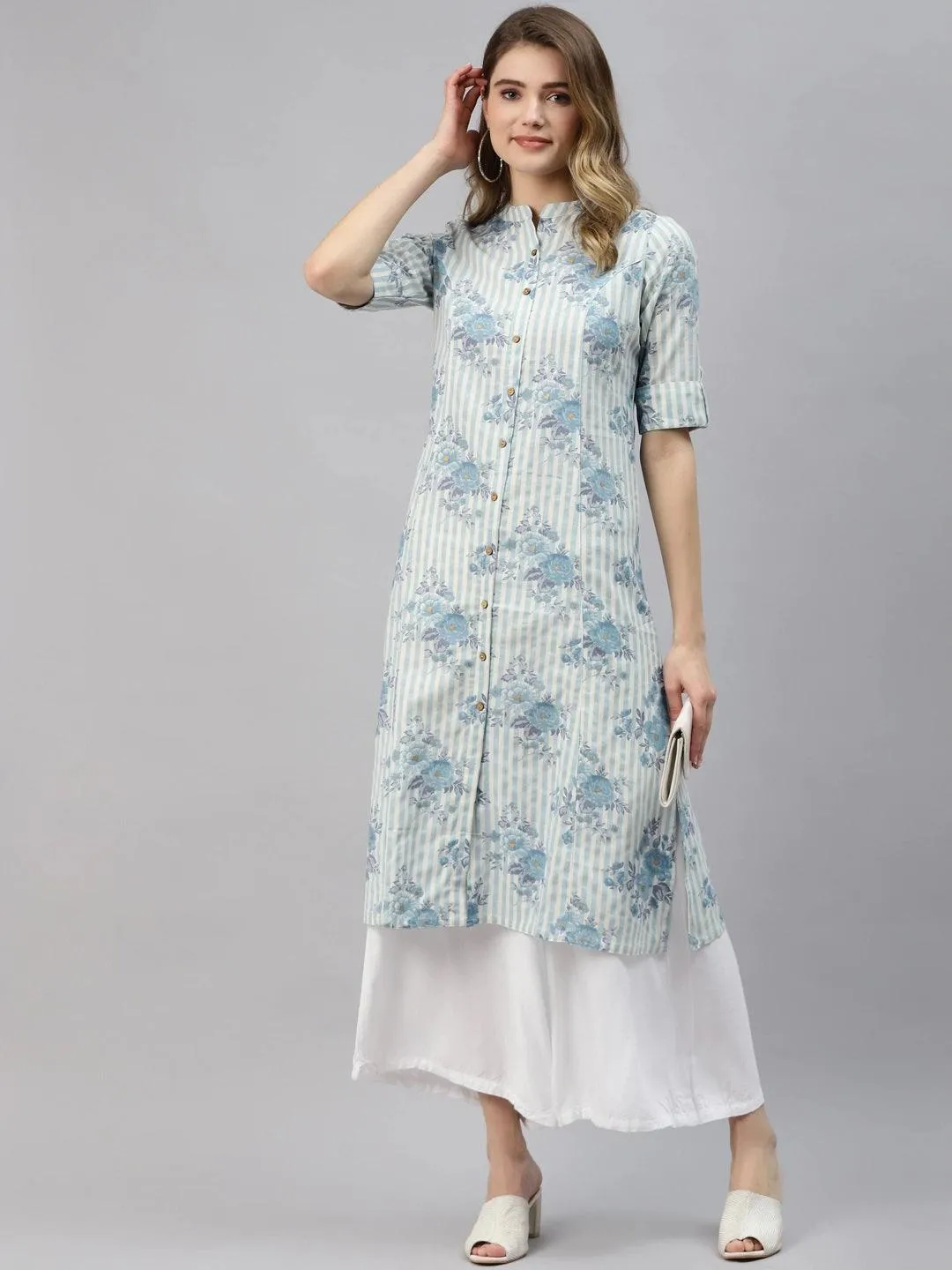 Off White And Blue Floral Printed Cotton A-Line Kurta