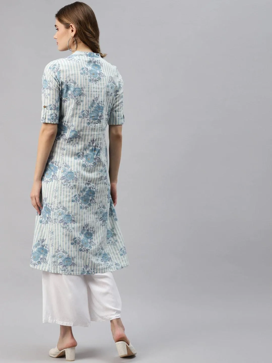 Off White And Blue Floral Printed Cotton A-Line Kurta
