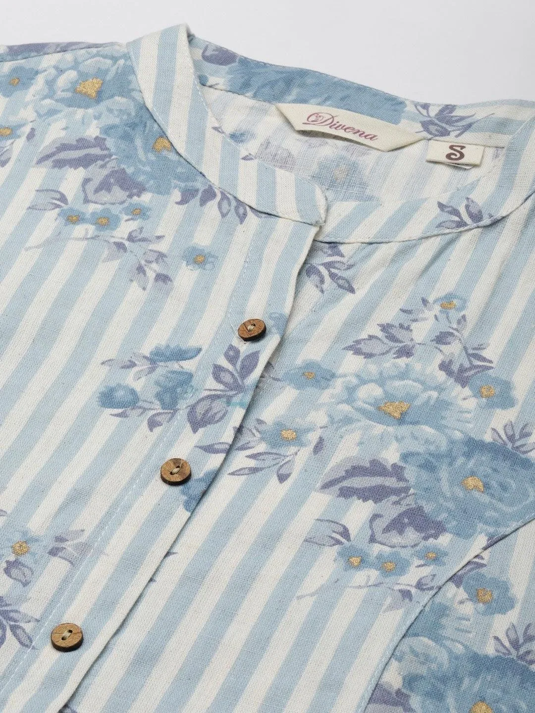Off White And Blue Floral Printed Cotton A-Line Kurta