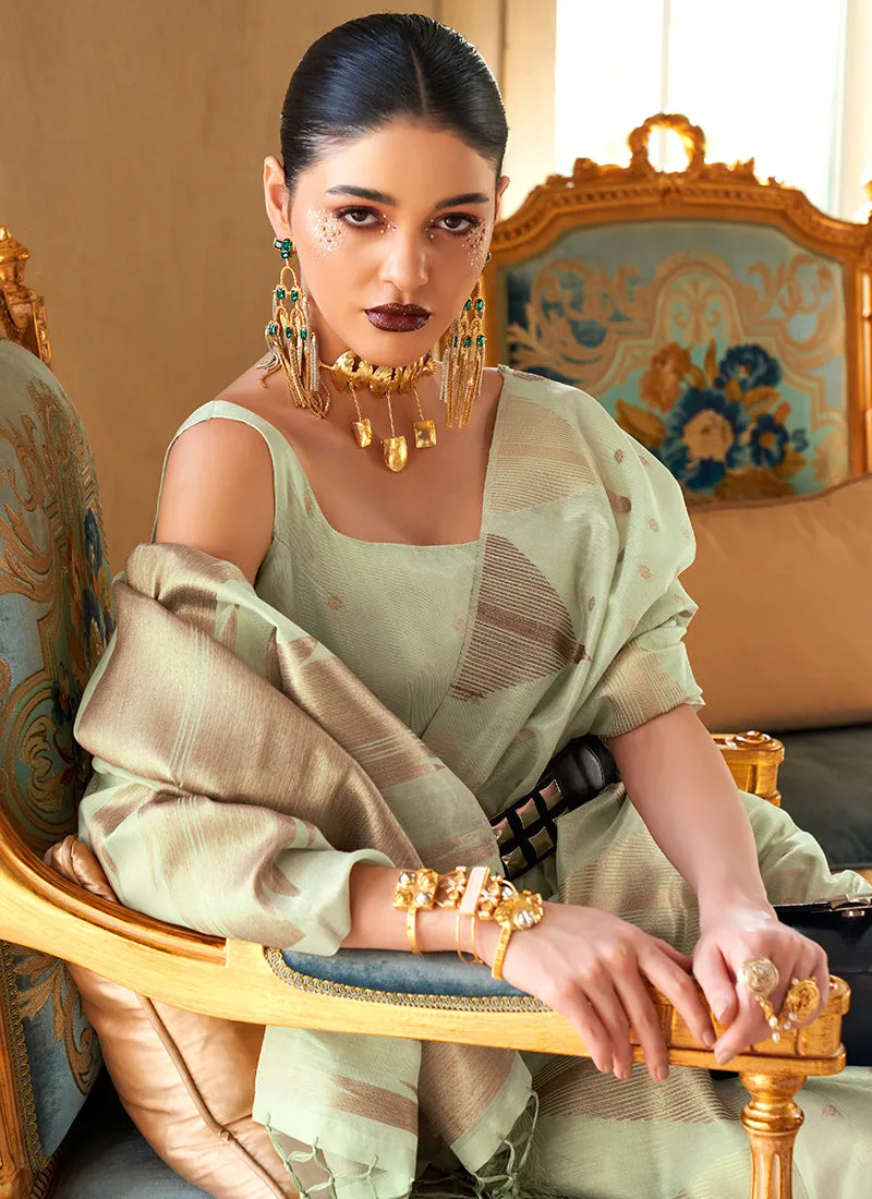 Pista Green Khicha Zari Handloom Weaved Silk Saree
