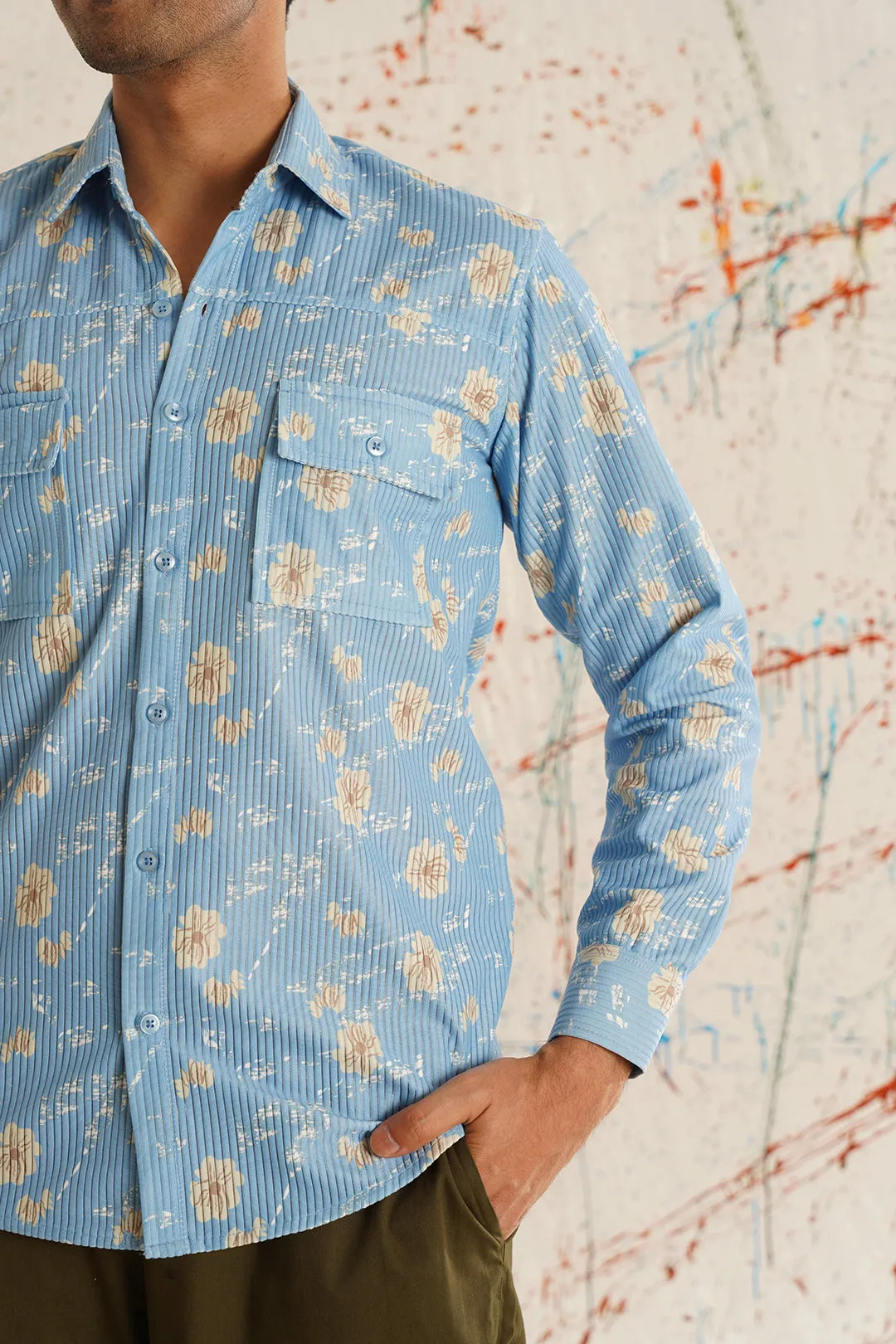 Printed Spread Collar Cotton Curved Casual Shirt