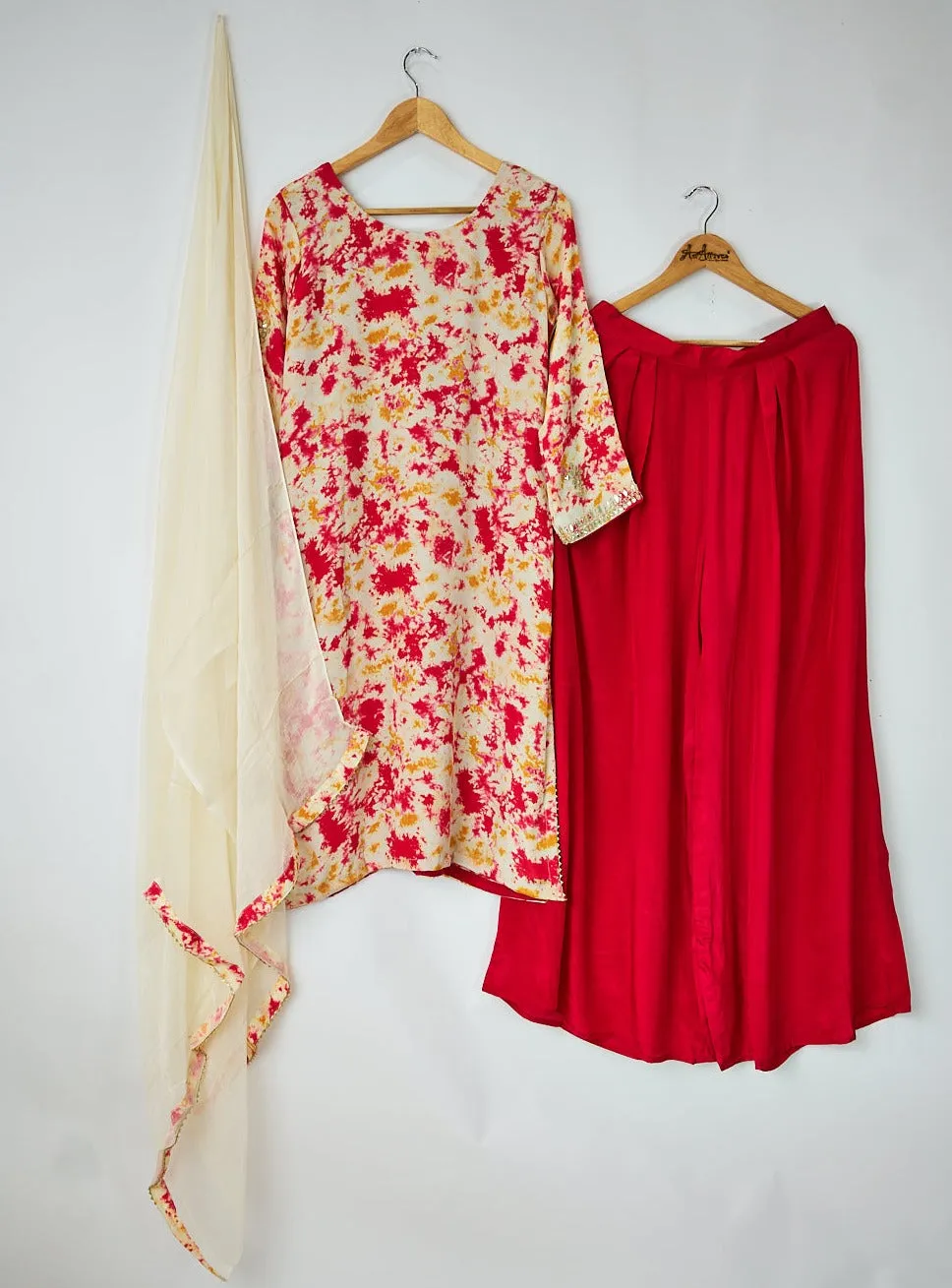 Red & White Kurta, Pants and Dupatta set