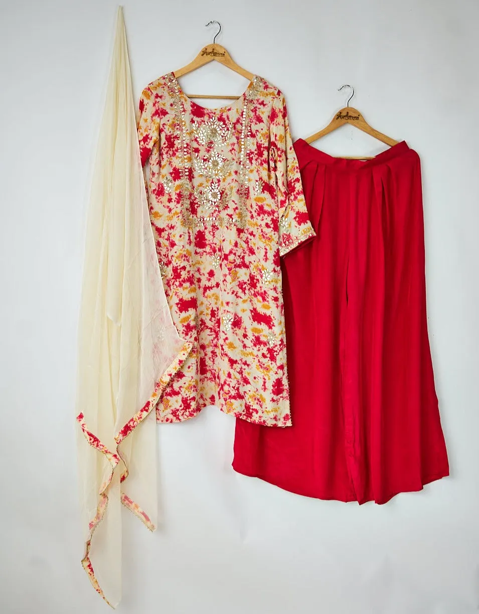 Red & White Kurta, Pants and Dupatta set