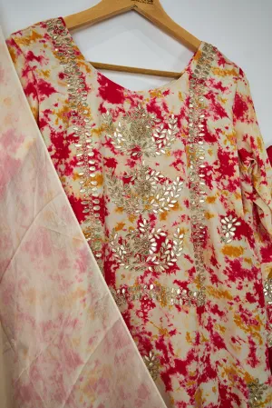 Red & White Kurta, Pants and Dupatta set