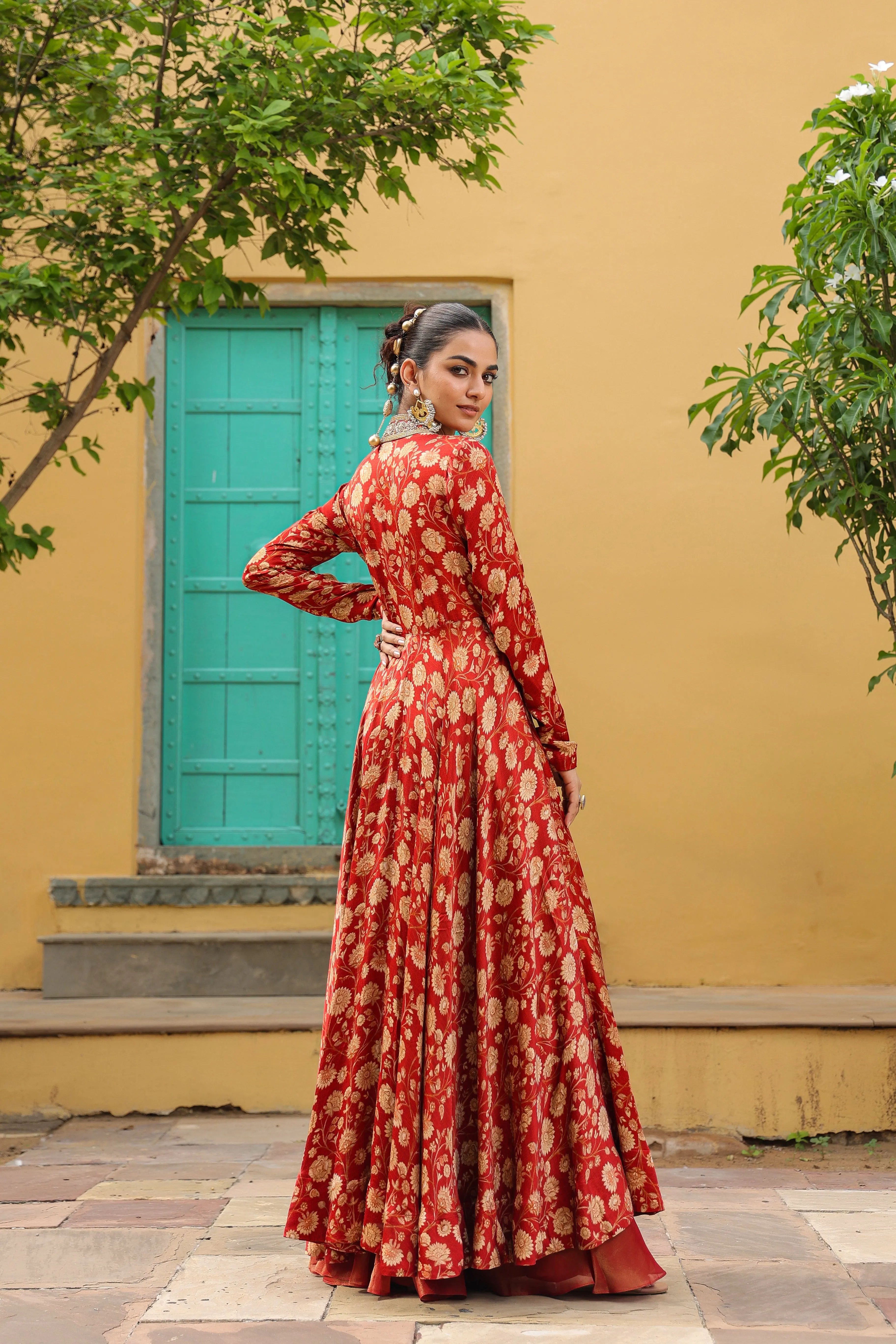 Red Floral Printed Gajji Silk Gown
