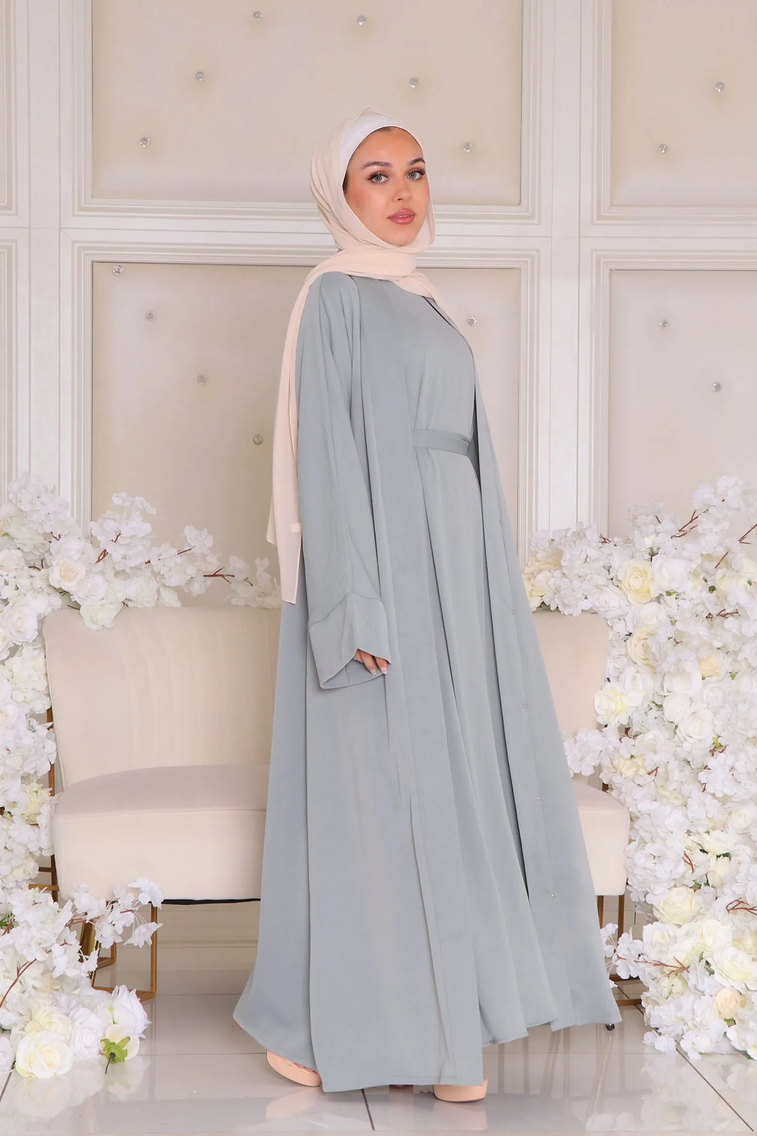 Rhea Textured Essential Closed Abaya- Mint Gray