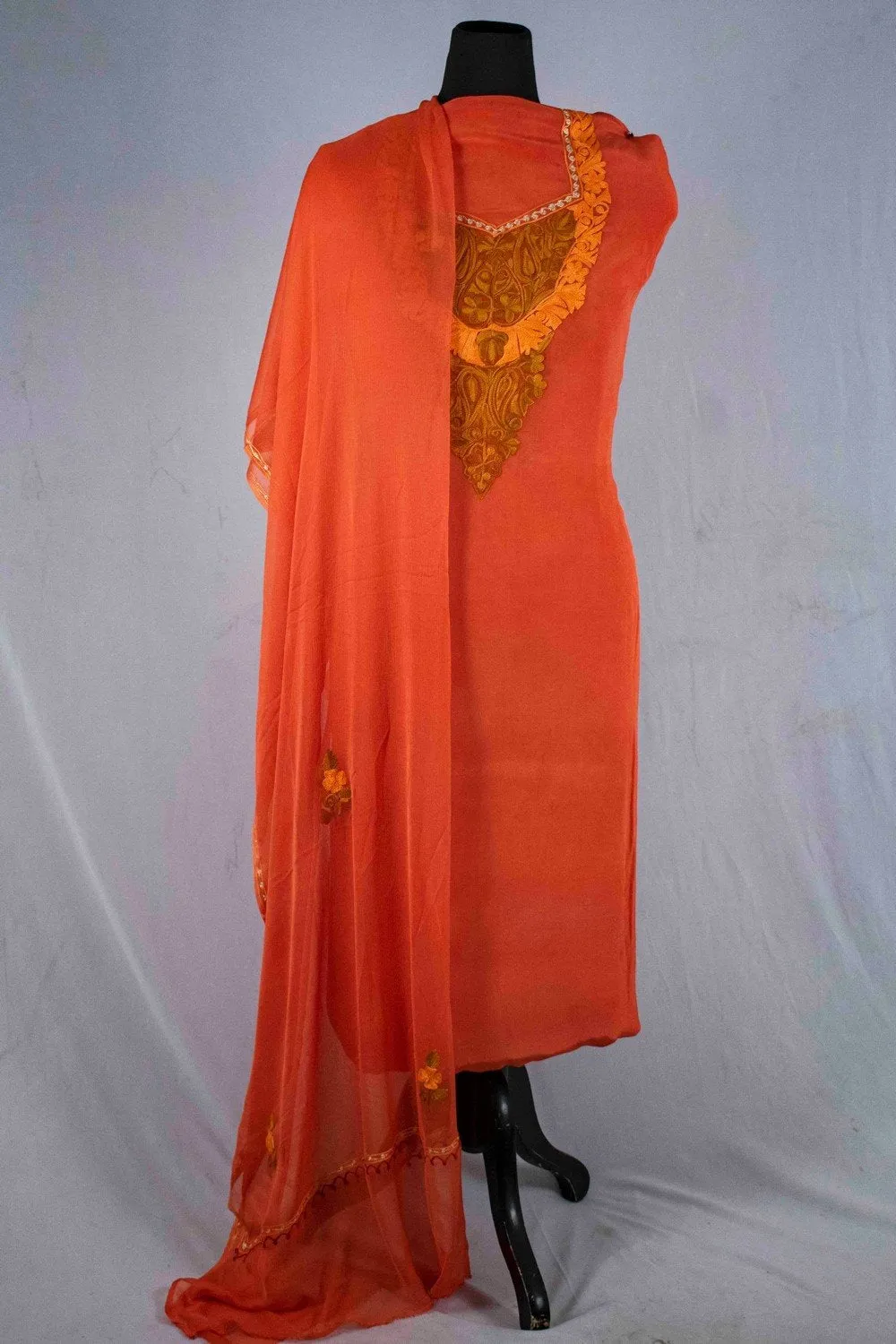 Rust Color Crepe Fabric Kashmiri Embroidered Designer Suit Salwar Kameez With Dupatta