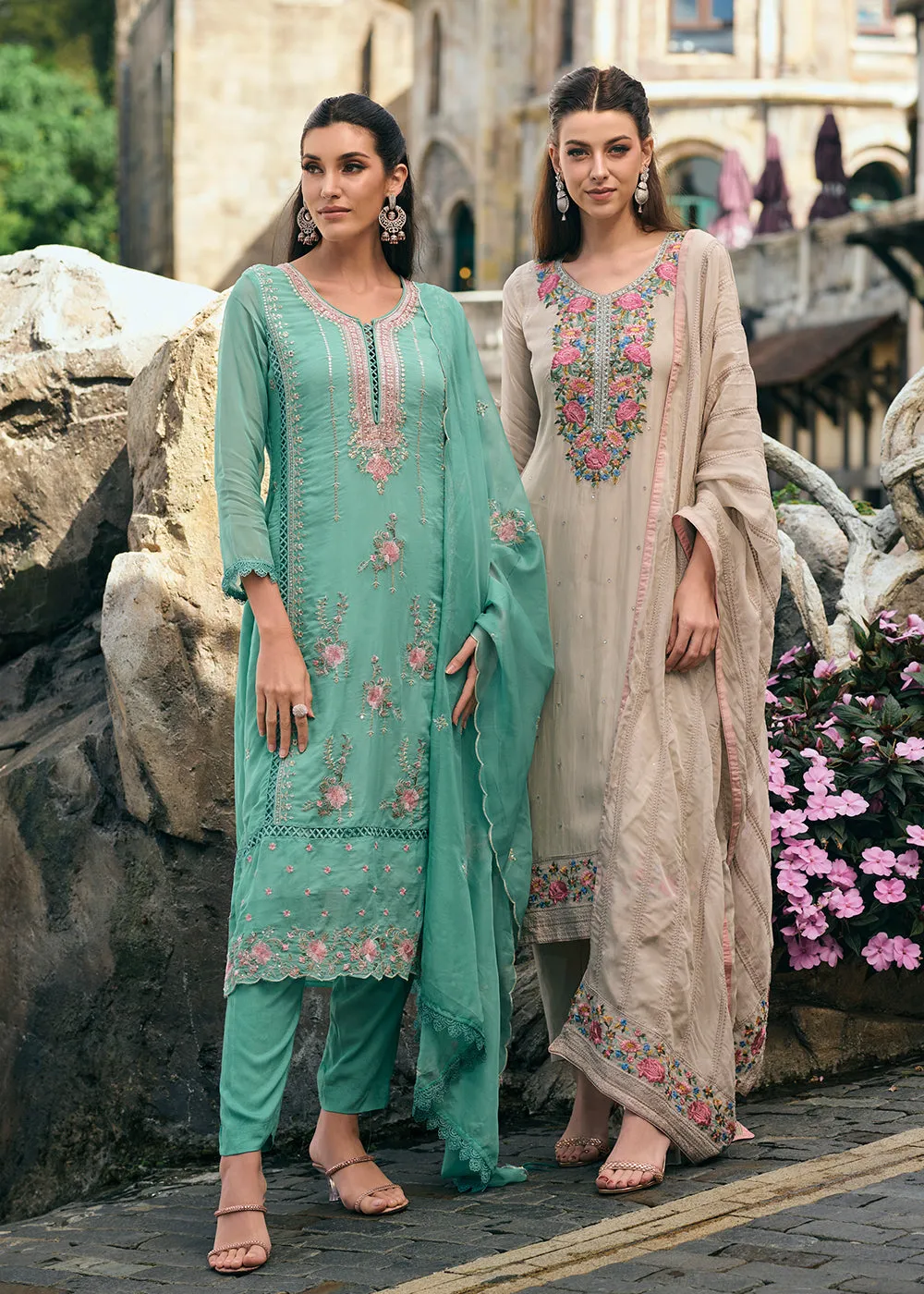 Sea Green Organza Fancy Khatli Embroidered Pant Style Salwar Suit