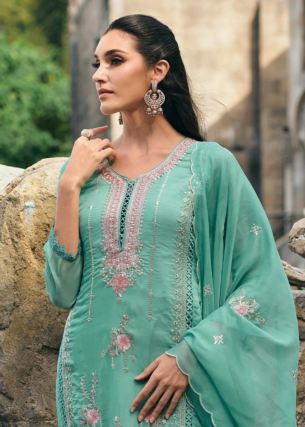 Sea Green Organza Fancy Khatli Embroidered Pant Style Salwar Suit