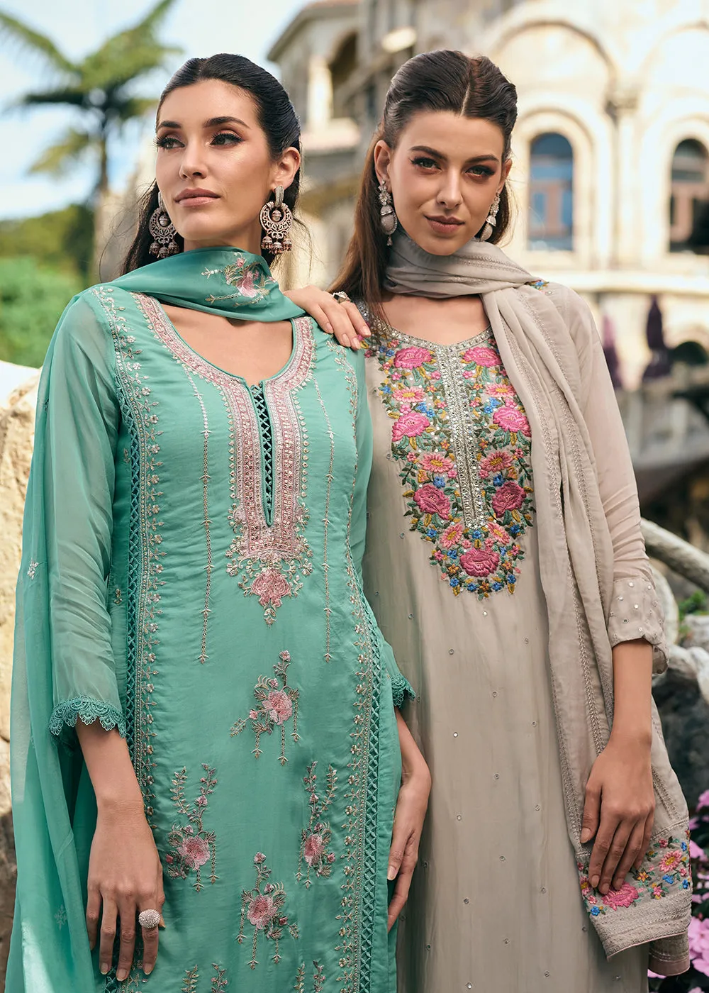 Sea Green Organza Fancy Khatli Embroidered Pant Style Salwar Suit