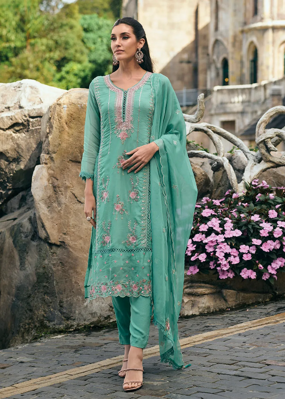 Sea Green Organza Fancy Khatli Embroidered Pant Style Salwar Suit