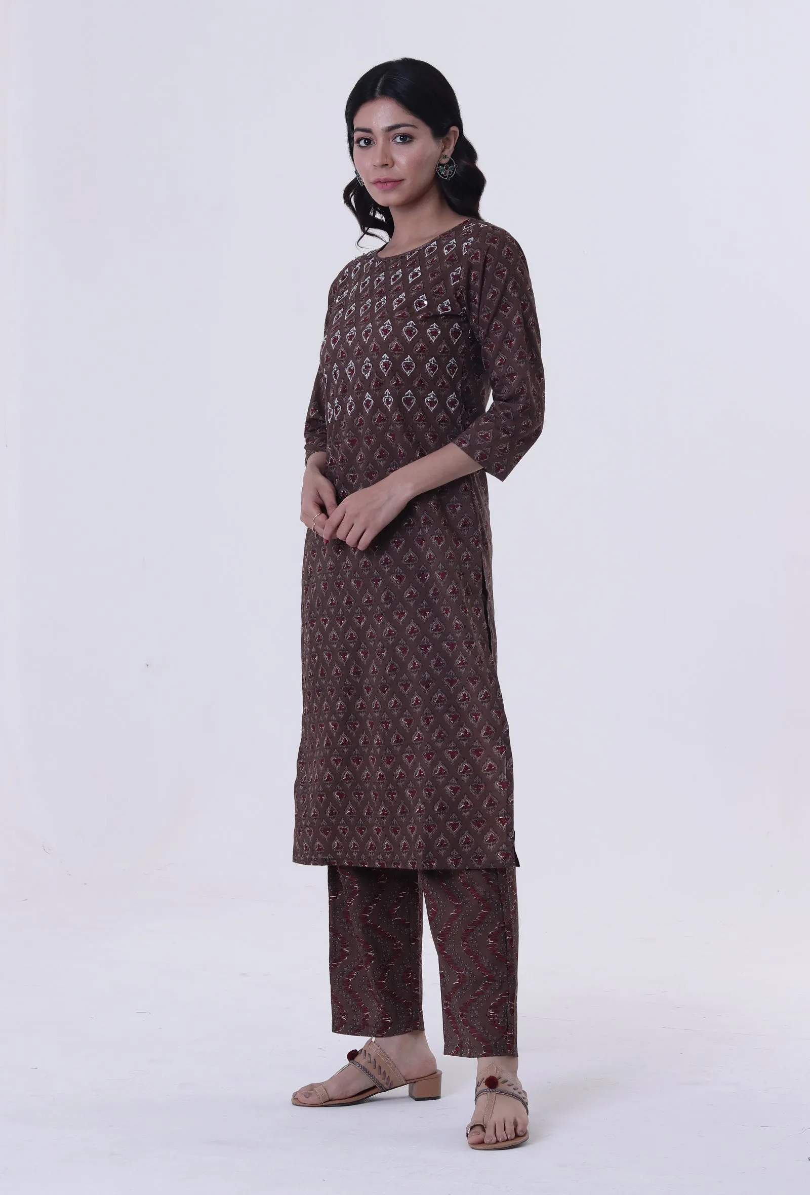 Set Of 2: Block Printed Green Color Cotton Kurta & Pant