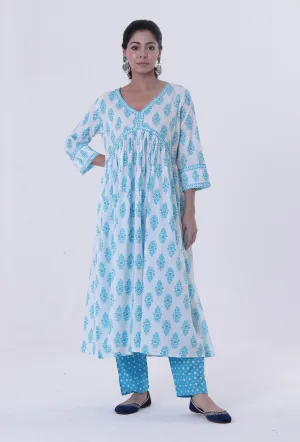 Set Of 2: White Cotton Kurta & Pant Set with Blue Motif