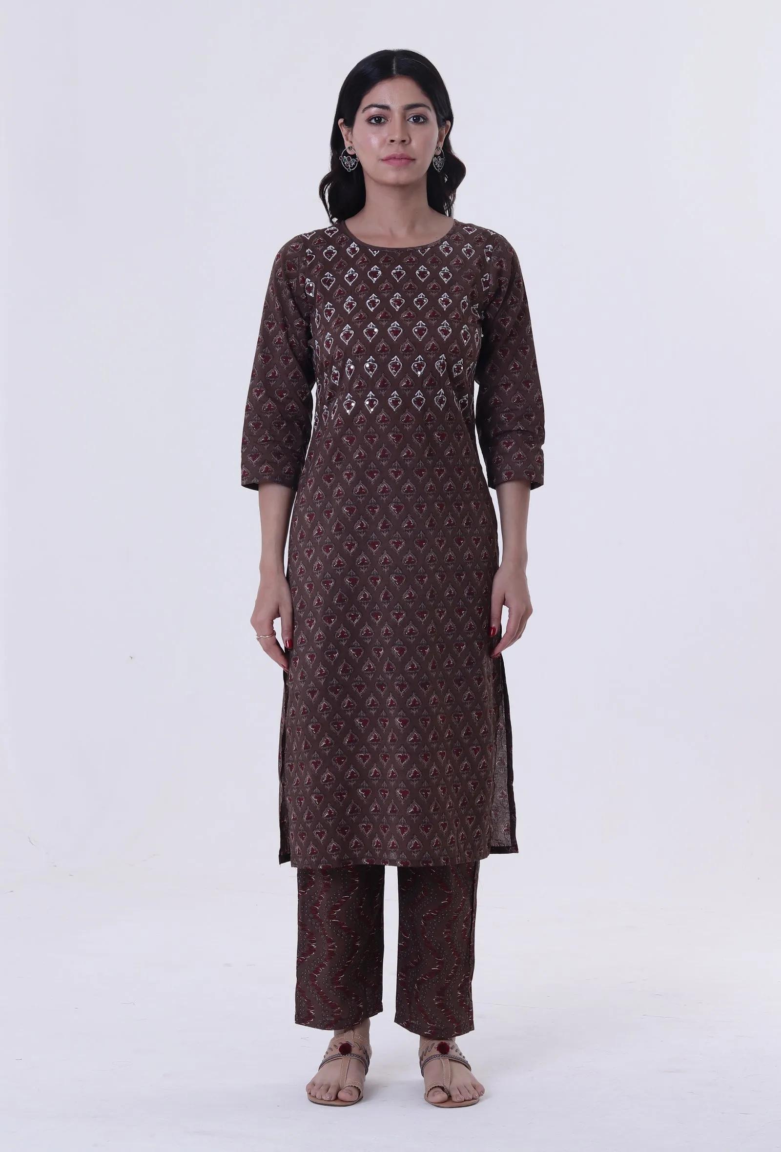 Set Of 3: Block Printed Green Color Cotton Kurta, Pant & Dupatta