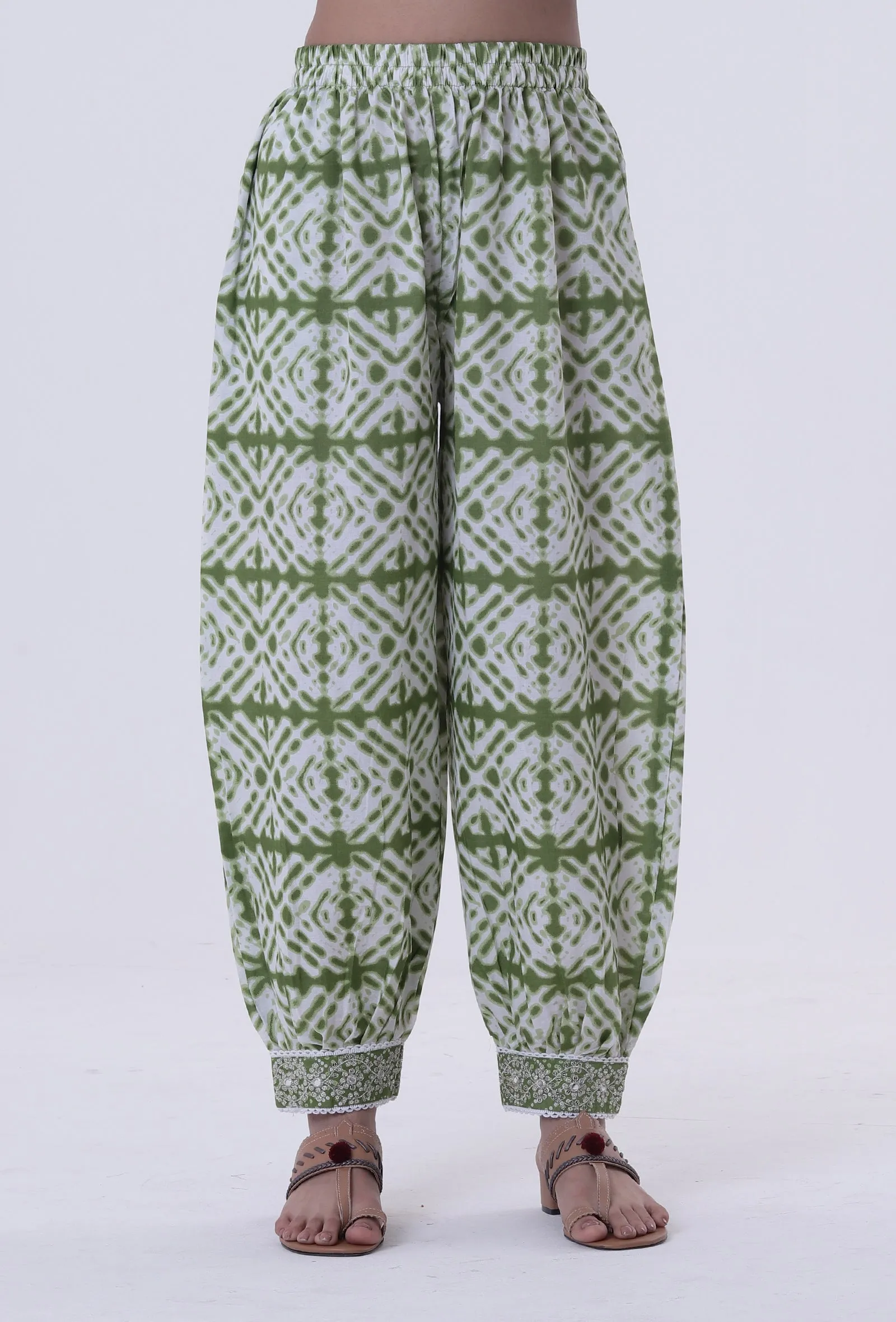 Set Of 3: Green & White Color Cotton Block Printed Kurta, Pant & Dupatta