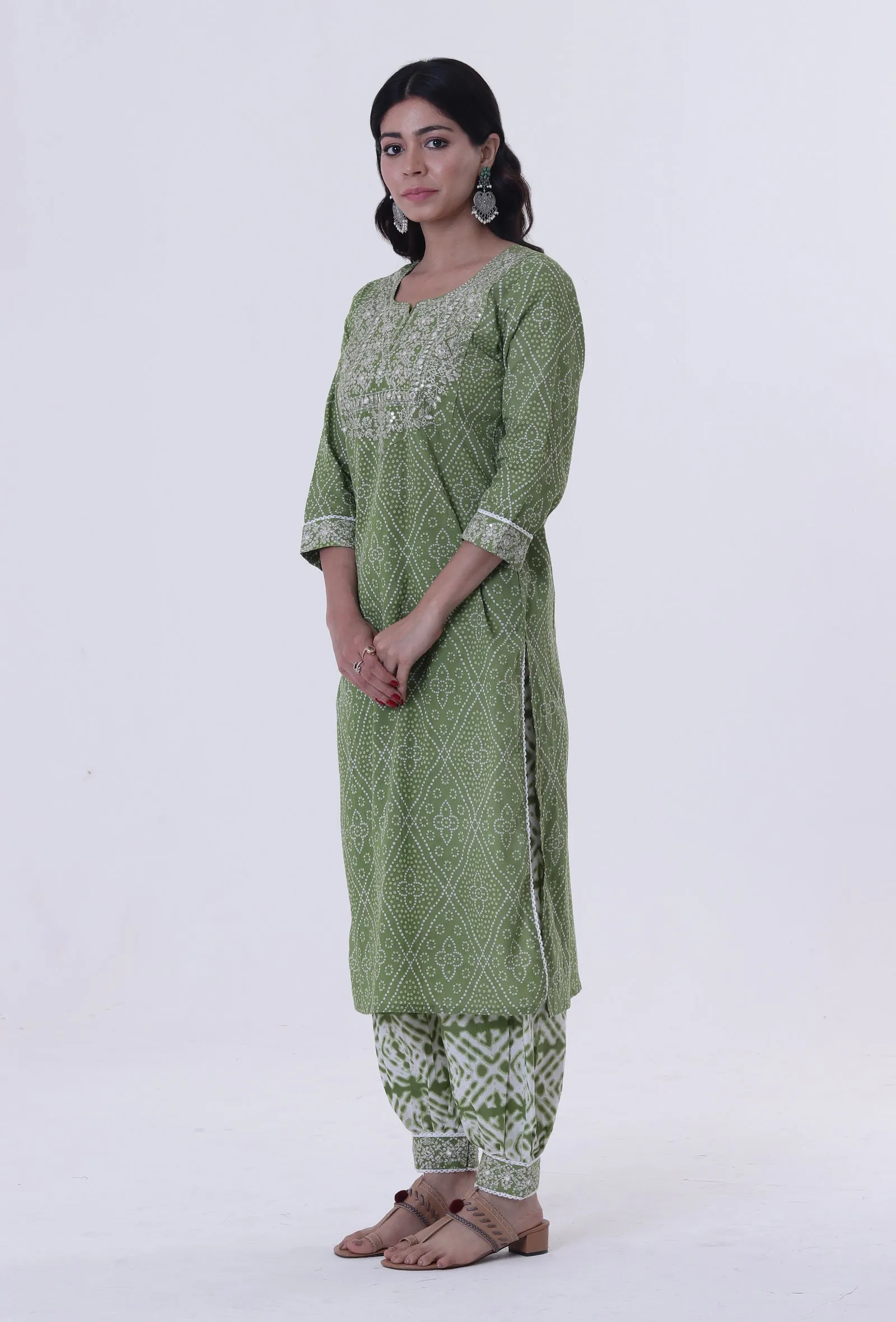 Set Of 3: Green & White Color Cotton Block Printed Kurta, Pant & Dupatta