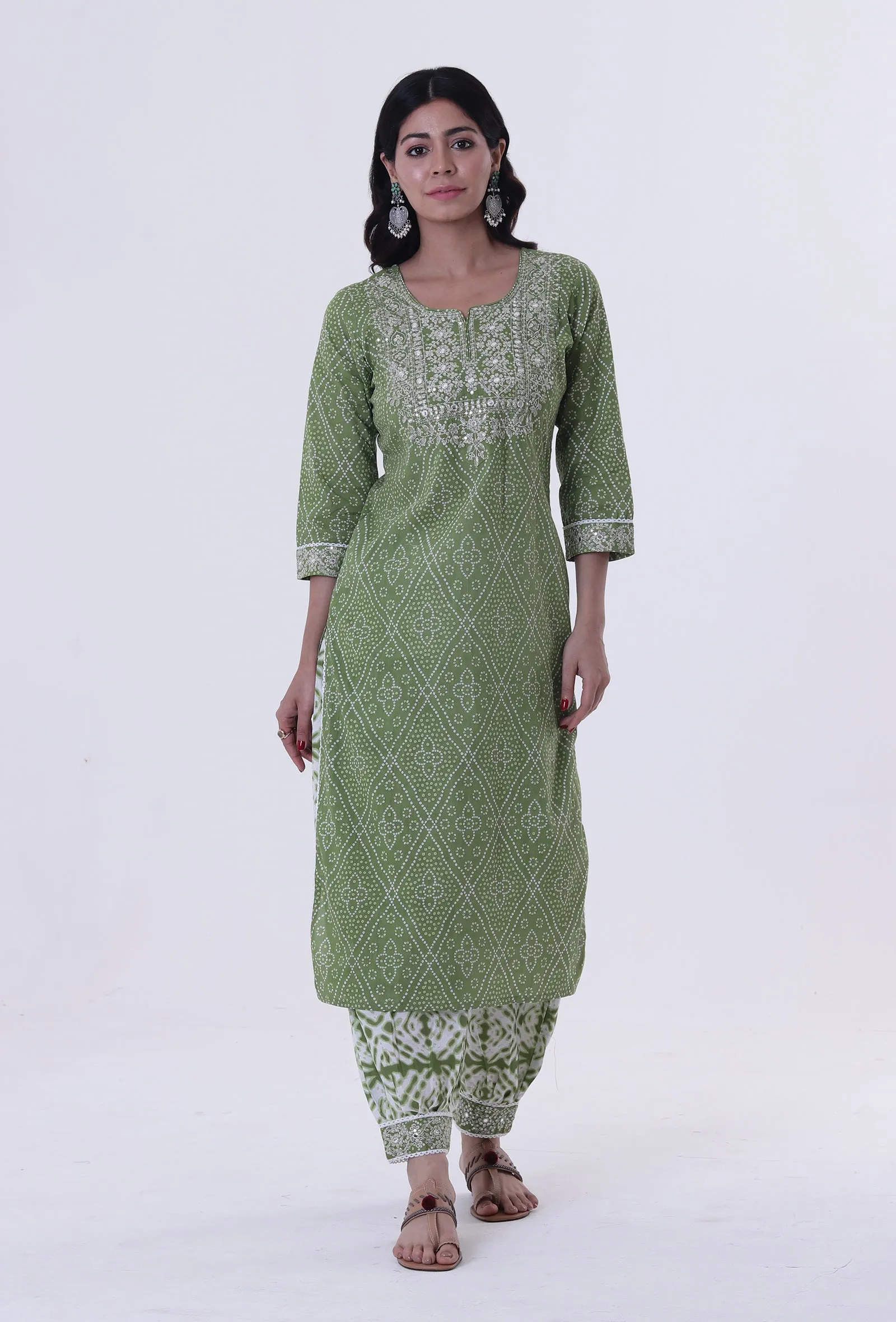 Set Of 3: Green & White Color Cotton Block Printed Kurta, Pant & Dupatta