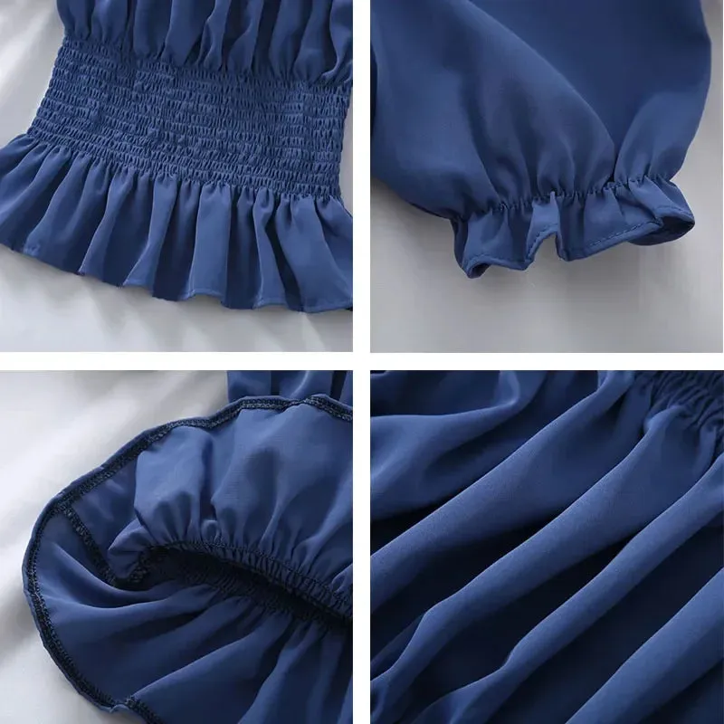 Short Chiffon Shirt Square Neck Top Puff Sleeve Design Women's Short Sleeve Thin Shirt  Womens Blouses Wholesale