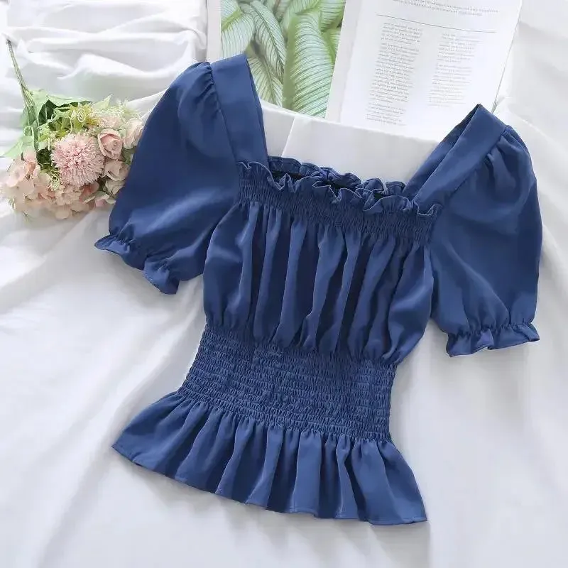 Short Chiffon Shirt Square Neck Top Puff Sleeve Design Women's Short Sleeve Thin Shirt  Womens Blouses Wholesale