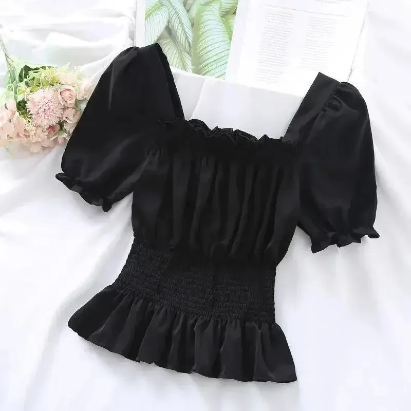 Short Chiffon Shirt Square Neck Top Puff Sleeve Design Women's Short Sleeve Thin Shirt  Womens Blouses Wholesale