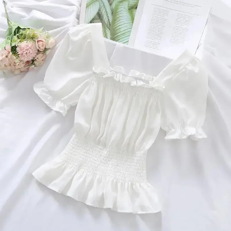 Short Chiffon Shirt Square Neck Top Puff Sleeve Design Women's Short Sleeve Thin Shirt  Womens Blouses Wholesale