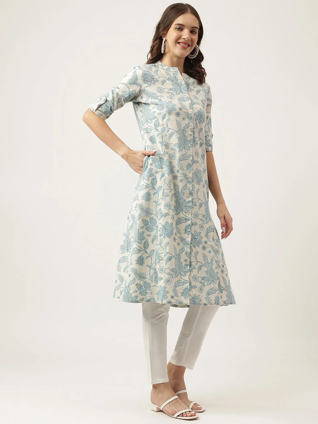 Sky Blue Floral Printed Cotton A-Line Kurta