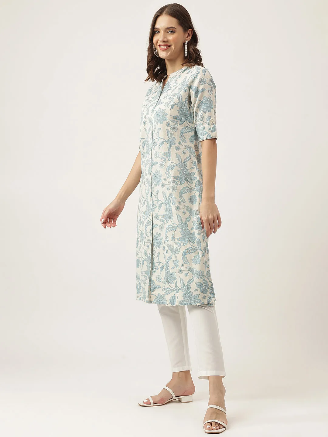 Sky Blue Floral Printed Cotton A-Line Kurta