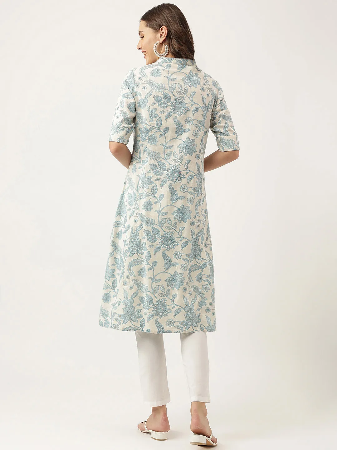 Sky Blue Floral Printed Cotton A-Line Kurta