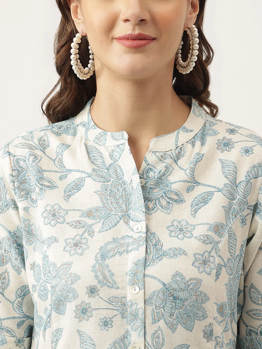 Sky Blue Floral Printed Cotton A-Line Kurta
