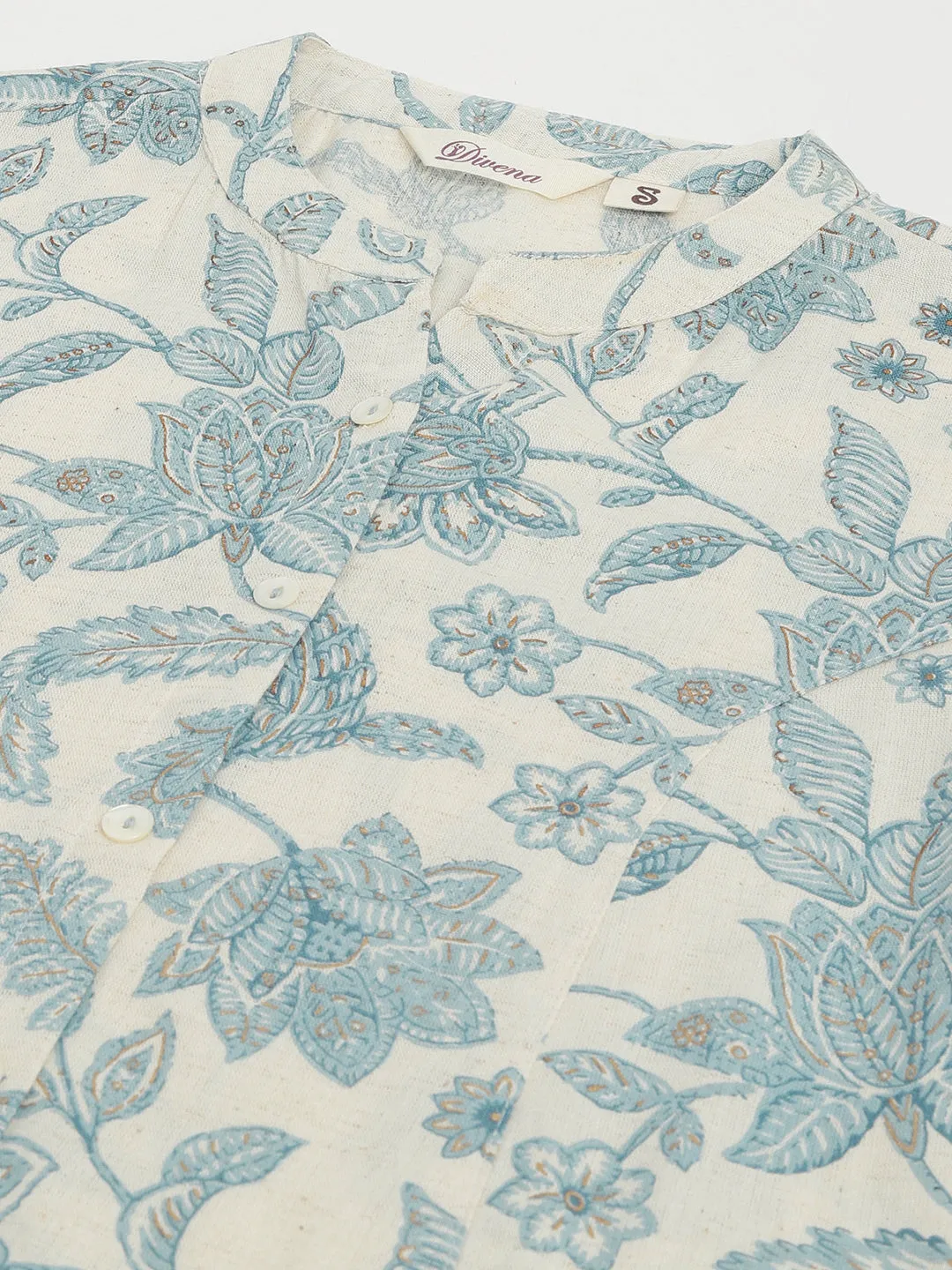 Sky Blue Floral Printed Cotton A-Line Kurta