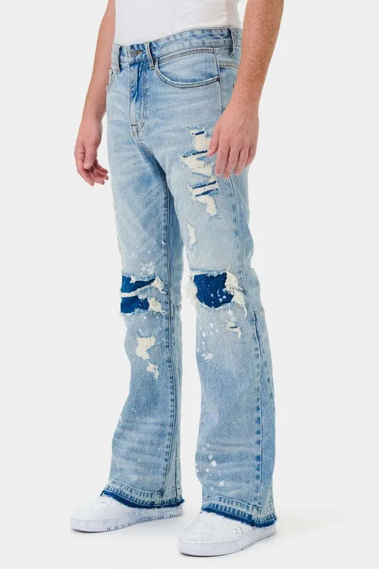 TEEK - Light Stone Knee Destroyed Slim Flare Jeans