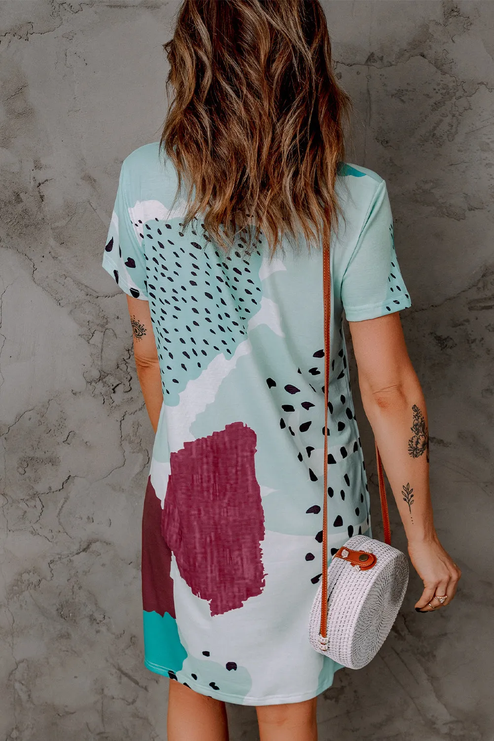 Tie Dye and Spotted Print Color Block Casual T Shirt Summer Dress