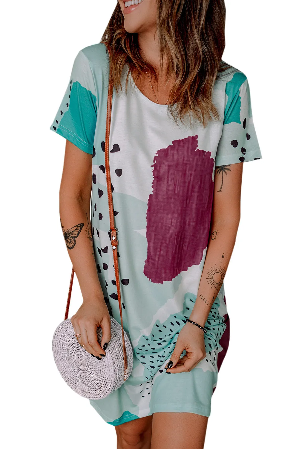 Tie Dye and Spotted Print Color Block Casual T Shirt Summer Dress