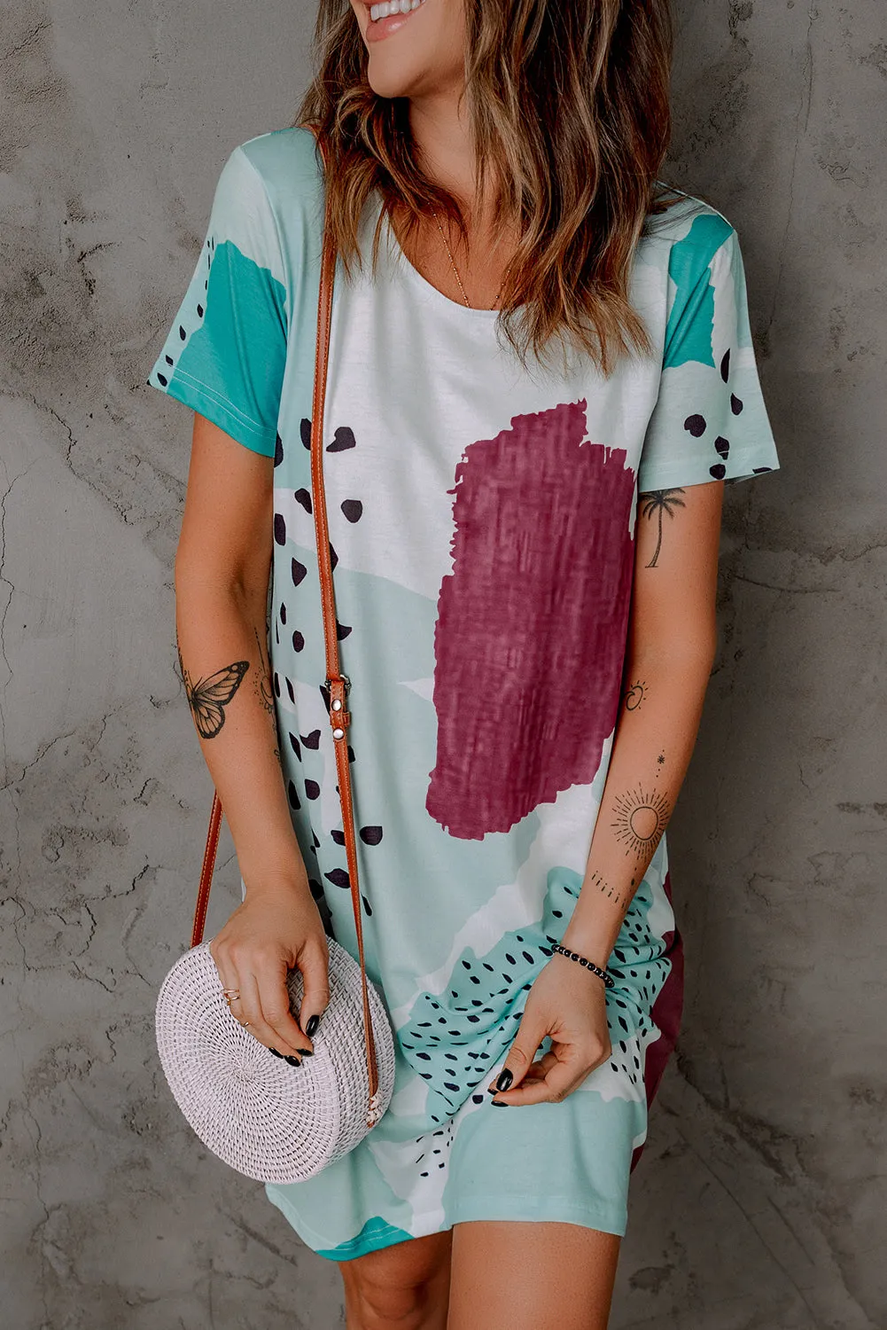 Tie Dye and Spotted Print Color Block Casual T Shirt Summer Dress