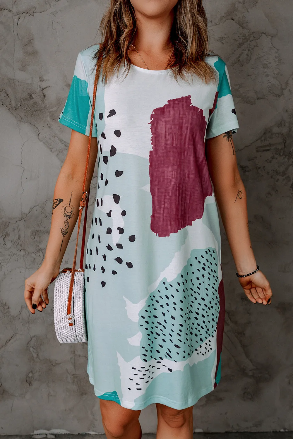 Tie Dye and Spotted Print Color Block Casual T Shirt Summer Dress