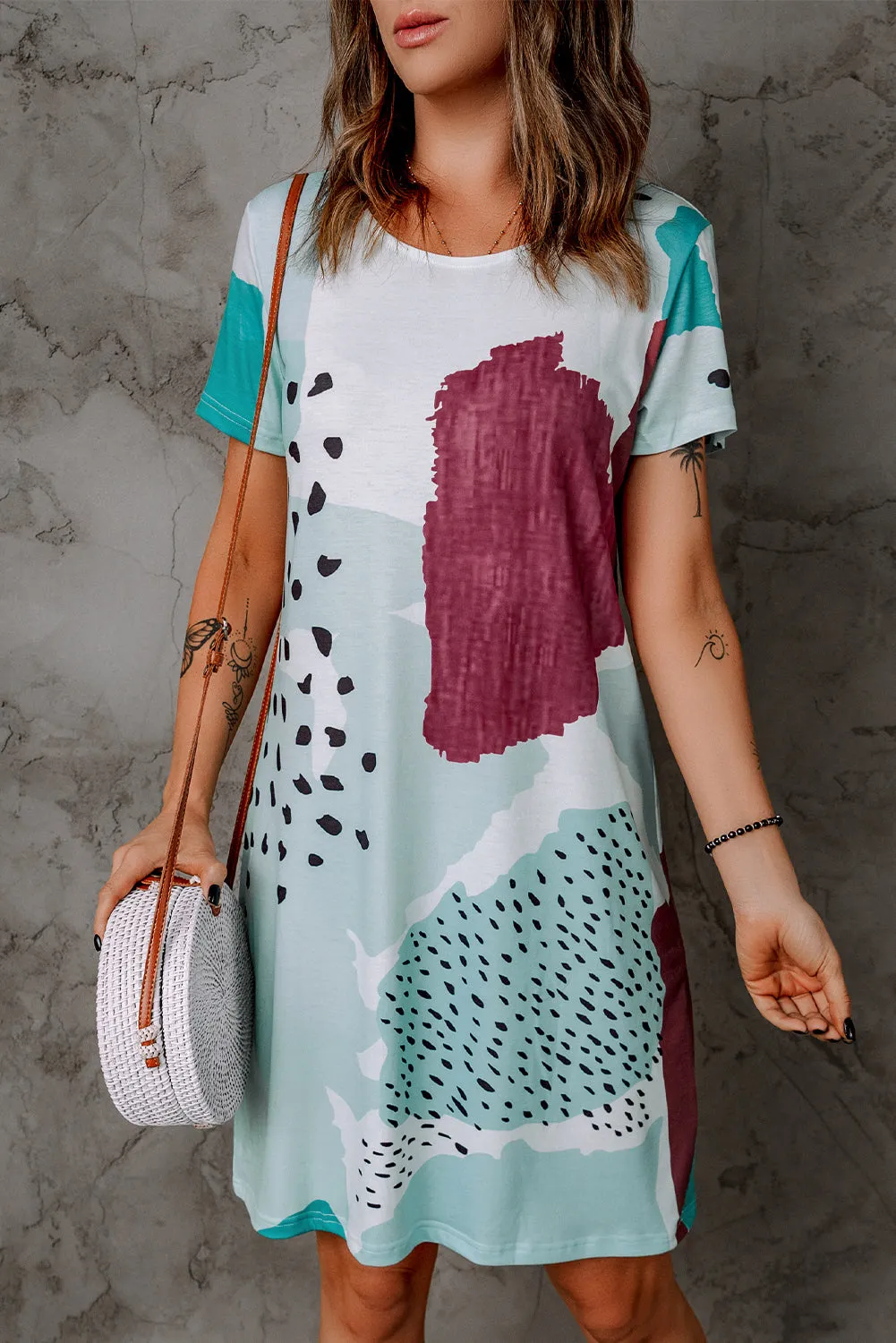 Tie Dye and Spotted Print Color Block Casual T Shirt Summer Dress
