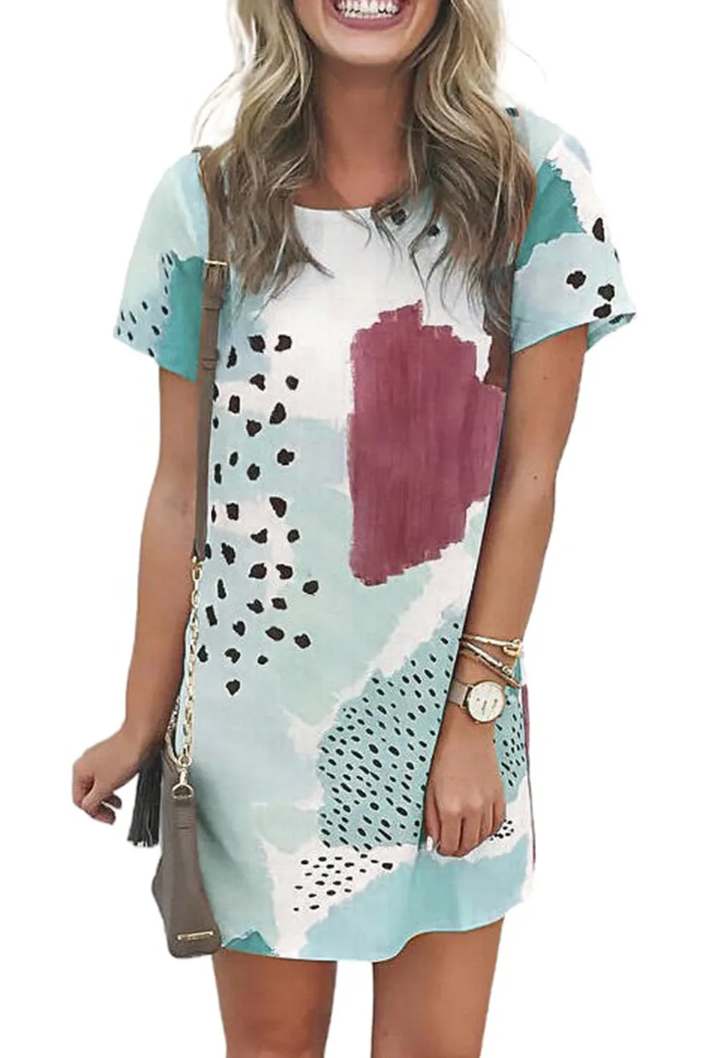 Tie Dye and Spotted Print Color Block Casual T Shirt Summer Dress