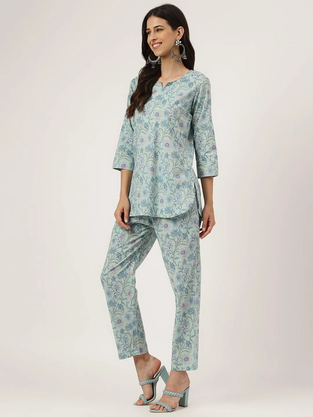 Turquoise Blue Printed Loungewear/Nightwear